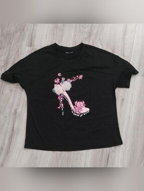 Black Tee with Pink Embellished High Heel Graphic